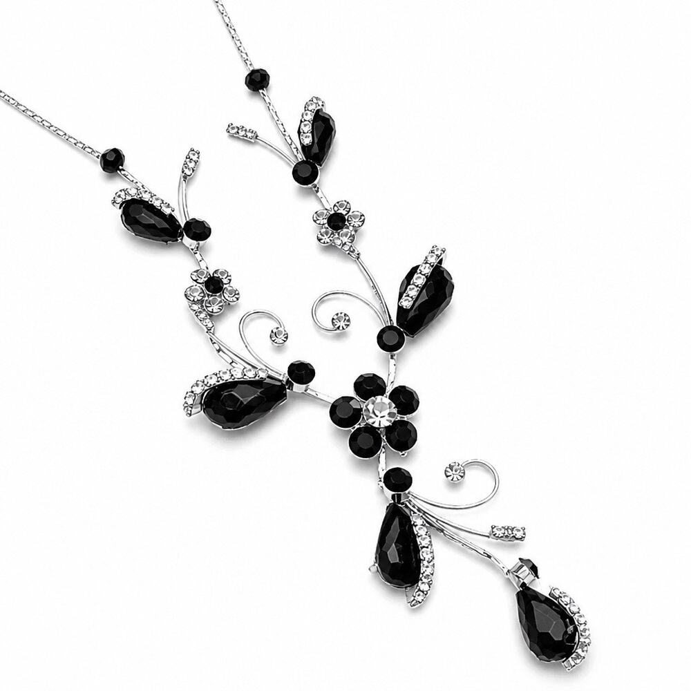 Mariell Black Marquise Crystal Flower Foliage Vine Bridal Prom Necklace